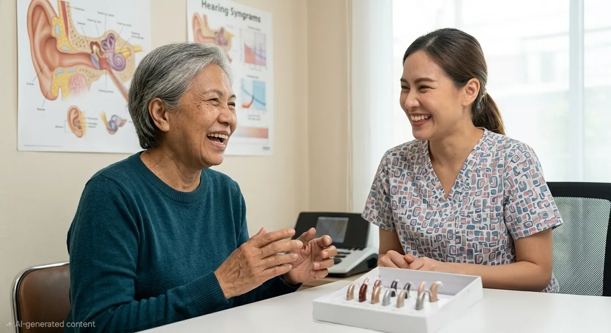Audiologist counseling a patient about hearing aid options