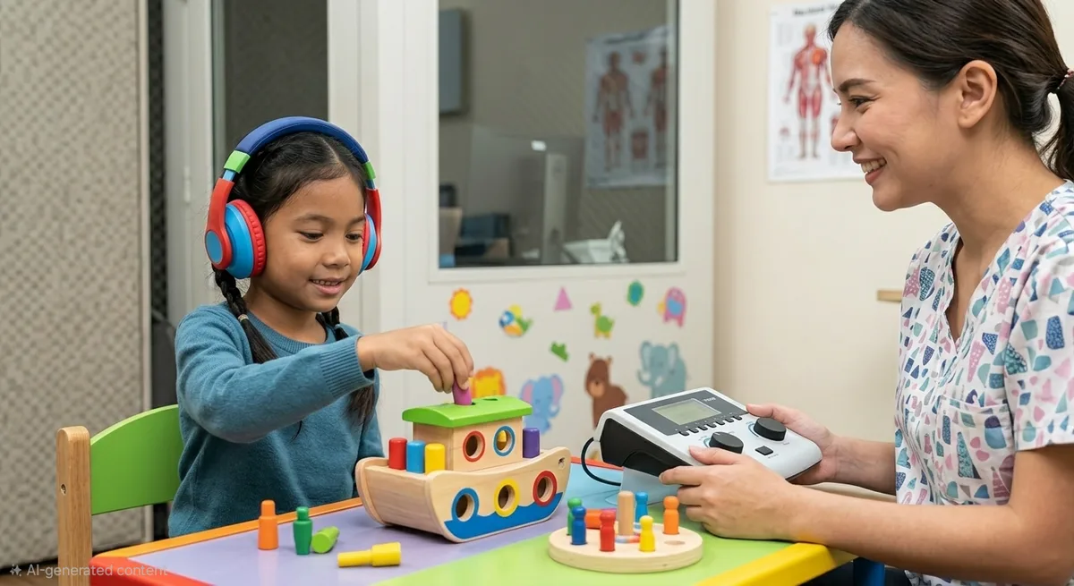 Young child taking a play-based hearing test with an audiologist