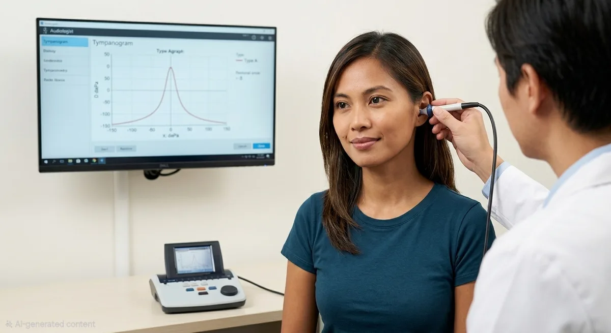Audiologist performing a tympanometry middle-ear test on a patient